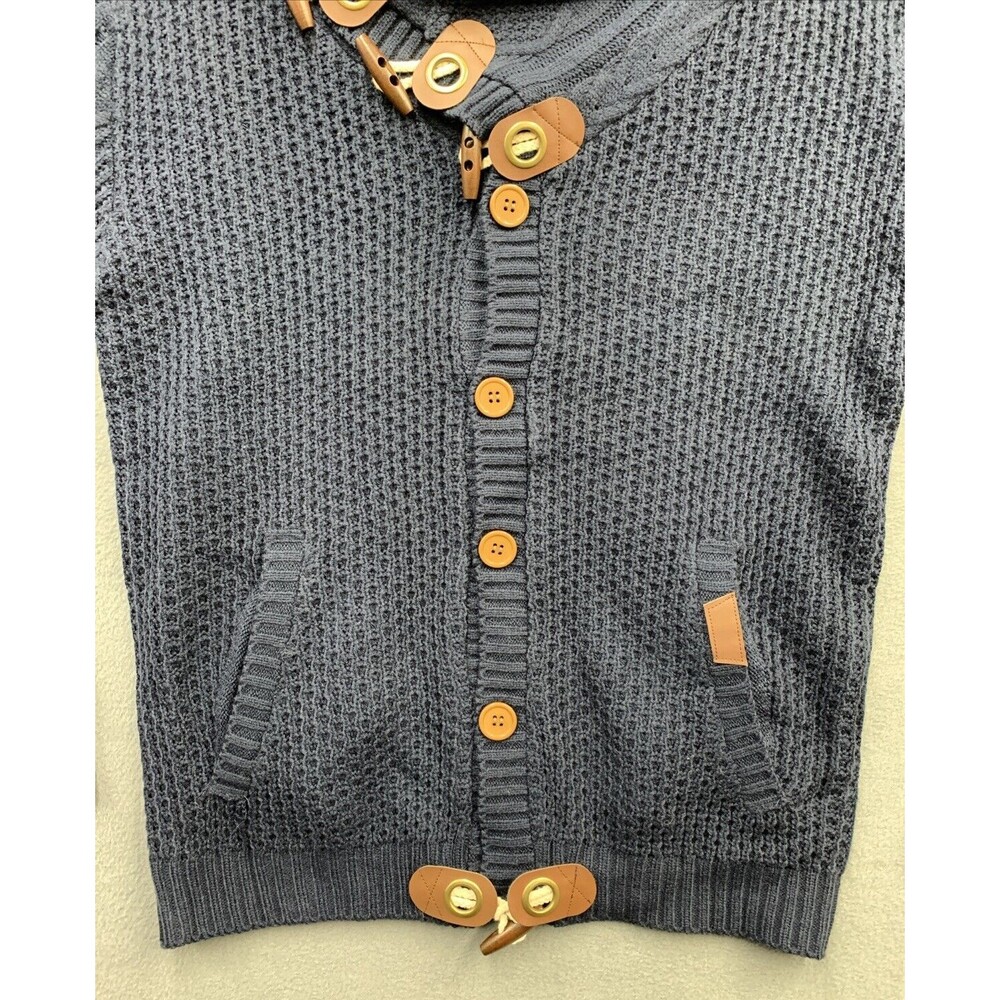 Mock Neck Chunky Knit Sweater Men’s Size L Blue Long Sleeves Pockets Toggles - Picture 8 of 13